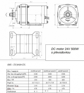 Stejnosměrný DC elektromotor 24V 500W s převodovkou
